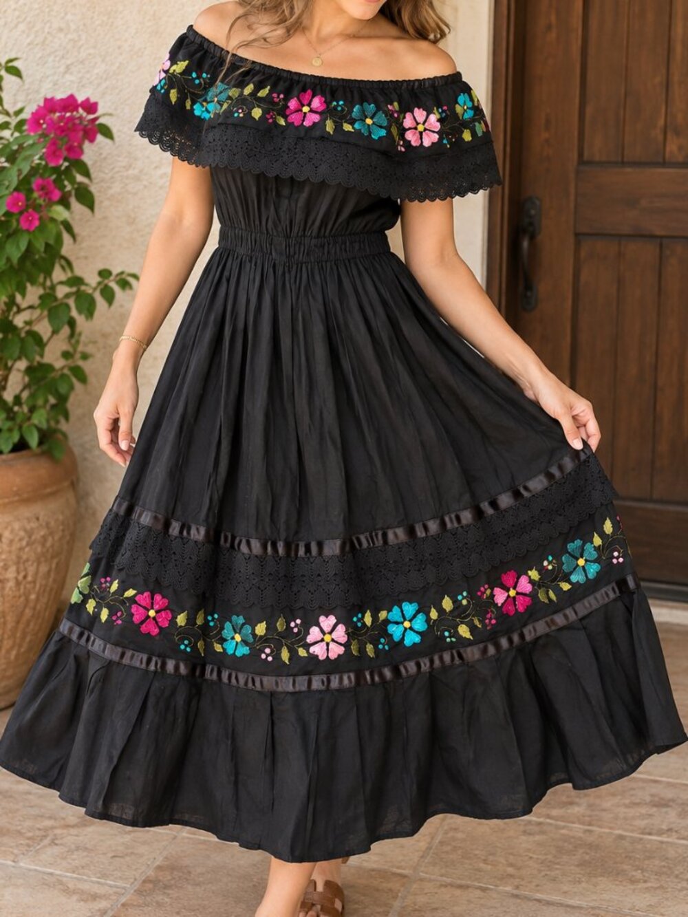 Handmade Mexican Embroidered Black Dress